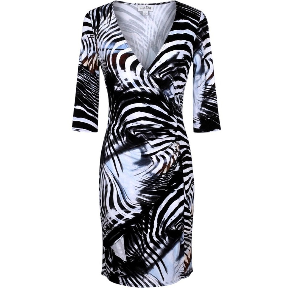 Joseph Ribkoff Faux Wrap Dress Womens 8 Black White Abstract Ruched 3/4 Sleeve